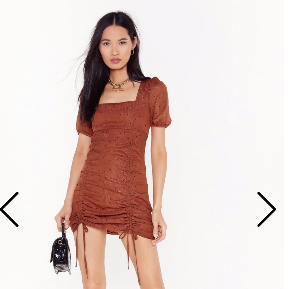 NastyGal Rust Rouch Polka Dot Dress
